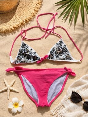 Sequin Floral Triangle Bikini Set in Hot Pink & White